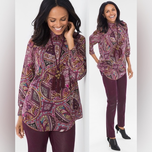 Chico's Paisley Print Women's Top Bohemian Scrolls Smocked Mock-Neck Blouse Sz 3 - Picture 1 of 16